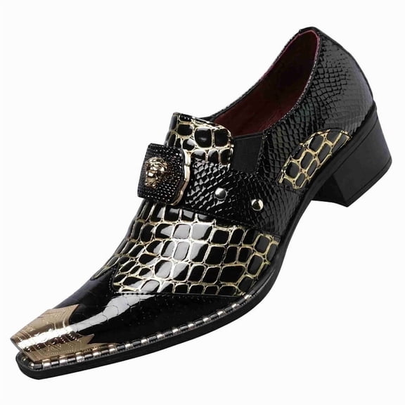 Men's Luxury Crocodile-Embossed Dress Shoes with Gold-Tone Medusa Buckle - Pointed Toe Formal Loafers for Buckle Block Heel Loafers for Formal & Party