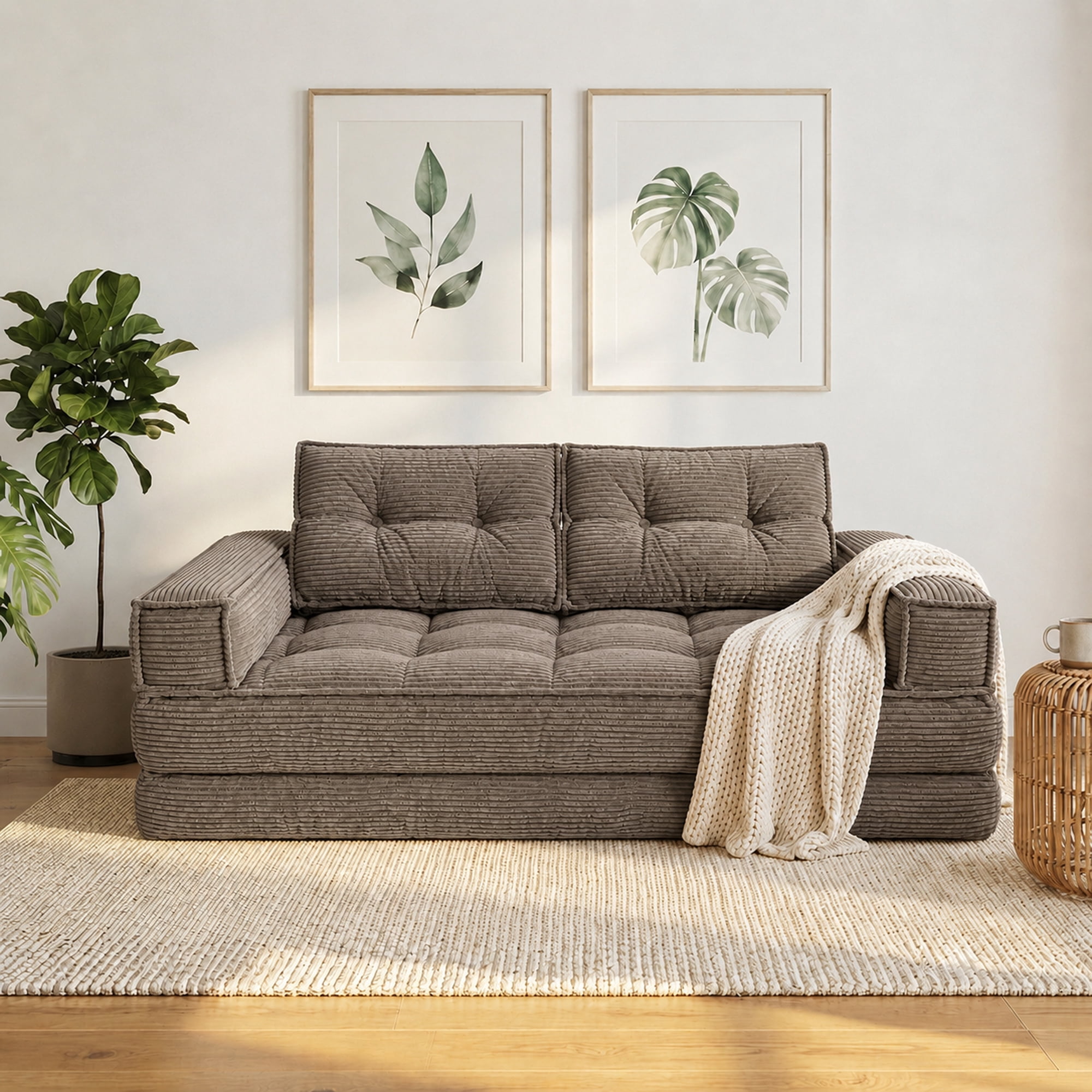 Modular Floor Sofa 51.18 Inch, 2-Seater Corduroy Couch with Chaise Lounge, Lazy Double Sofa for Living Room and Apartment, No Assembly Required, Coffee
