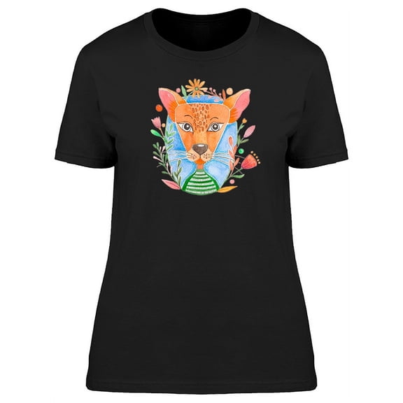 Watercolor Floral Forest Feline T-Shirt Women -Image by Shutterstock, Female Large
