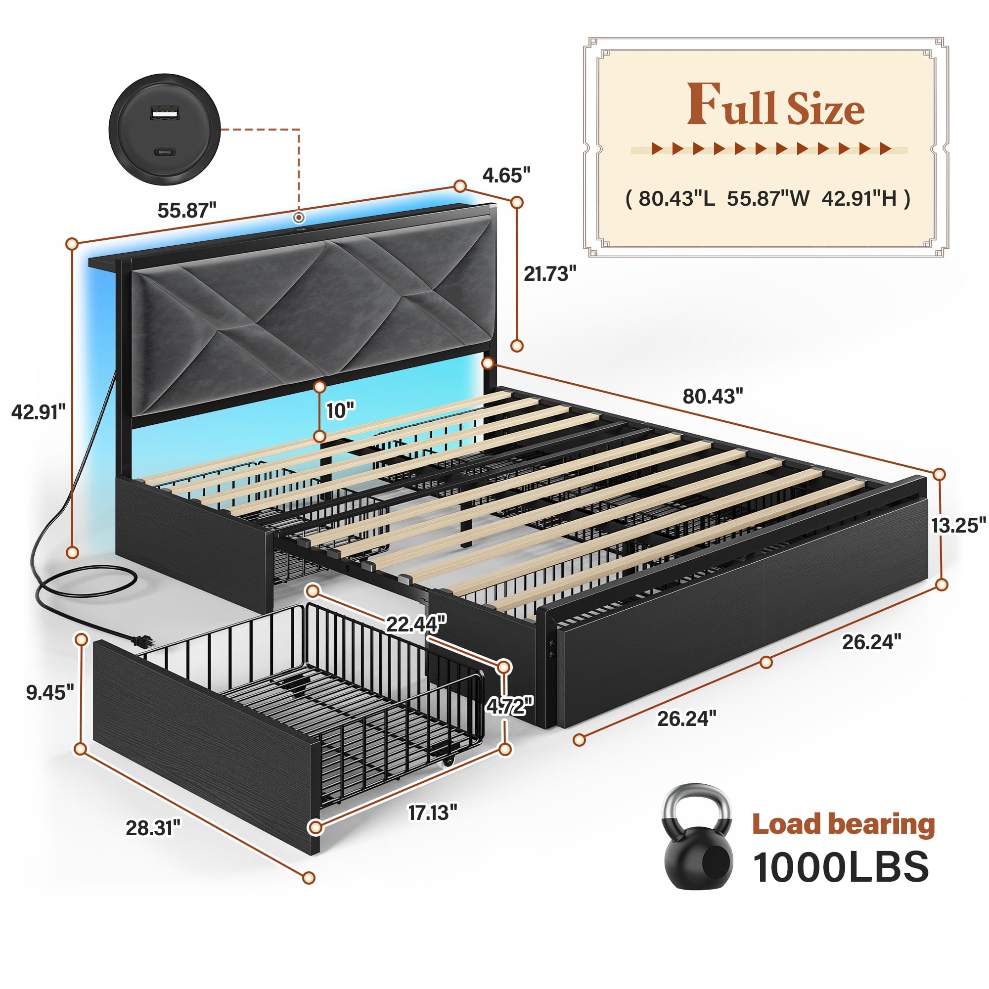 EnHomee Full Size Bed Frame with 6 Drawers Full Bed Frame with Storage Upholstered Platform Bed Frame with LED lights & Charging Station, No Box Spring Needed, Black