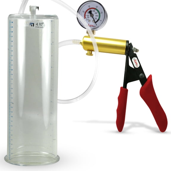 LeLuv Ultima Penis Pump, Brass w/ Red Handle, Silicone Grip, Clear Hose Gauge | 12" x 4.10" Cylinder