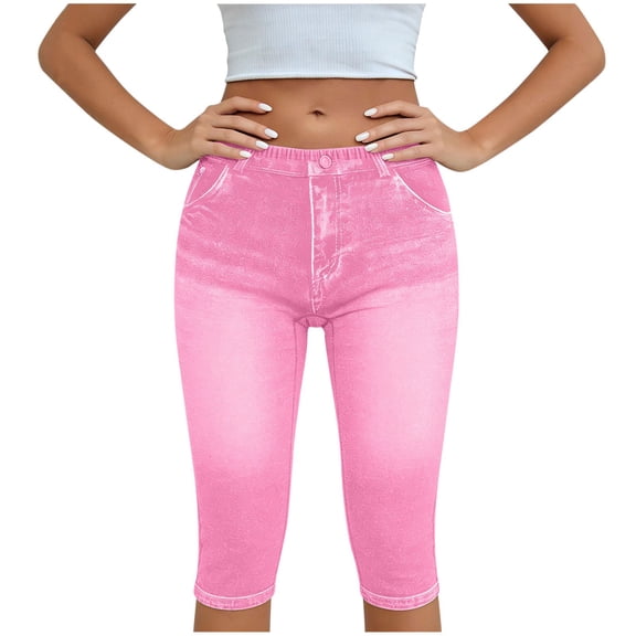 ZQUUVOU Capri Jeans for Women Pull On Jeggings High Elastic Breathable Tummy Control Yoga Pants Capri Leggings with Pockets Pink