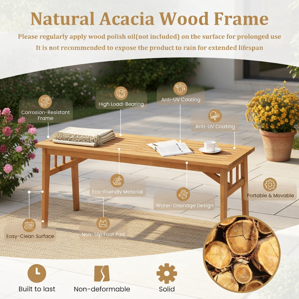 Hommoo 48" Acacia Wood Bench, Dining & Garden Bench with Breathable Slat Seat, Triangular Support Frame, Natural