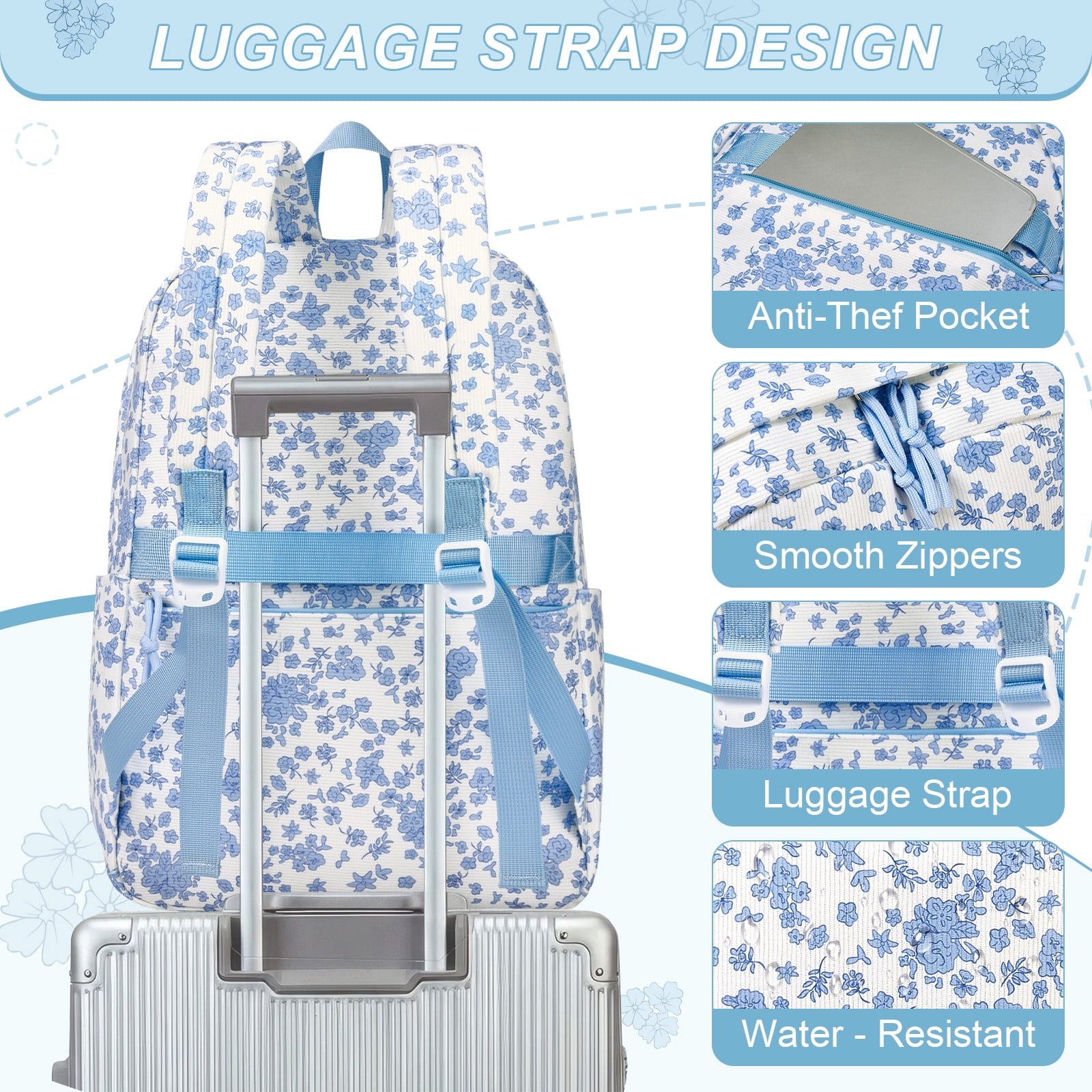 DAKIMOE School Backpack Large Capacity Bookbag Water-Resistant Laptop Backpacks for Teen adults, Lightweight Travel Daypack for Women Middle School College Blue Flower