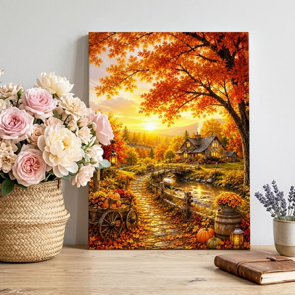 Canvas Wall Art, Orange Fall Framed Canvas Prints for Living Room Bedroom, Farmhouse Country Pumpkins Maple Leaves Trees Large Gallery Wrapped Wall Decor for Home Office, Gifts, 16"x20" Ship Next Day