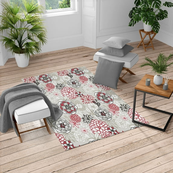 Floral Turkish Area Rug, Vintage Romantic Wildflowers in Various Kinds Doodle Drawing Style Love, Soft Carpet for Living Room Decor with Distressed Look, 4' X 5.7', Pale Ruby, by Ambesonne