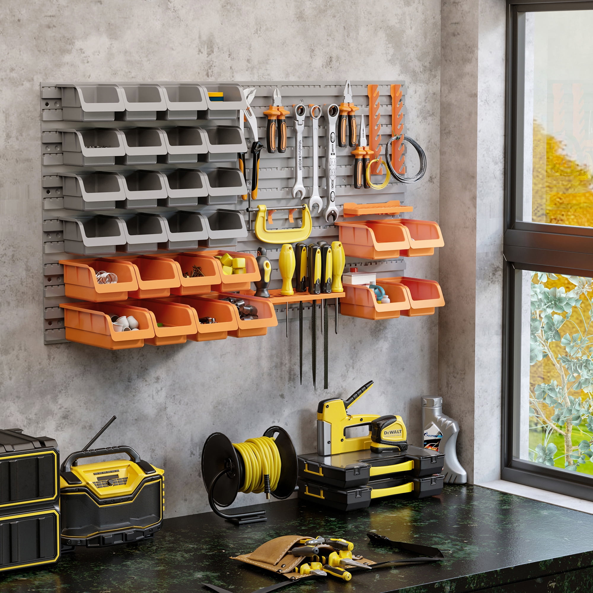 DURHAND 44 Piece Wall Mounted Pegboard Tool Organizer Rack Kit with Various Sized Storage Bins, Pegboard, & Hooks, Orange,