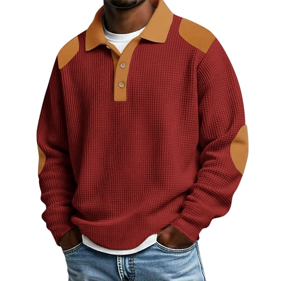 Hngshg Men Collared Shirts Stylish Long Sleeve Casual Patchwork Tops Textured Button Loose Pullover Tee Shirts