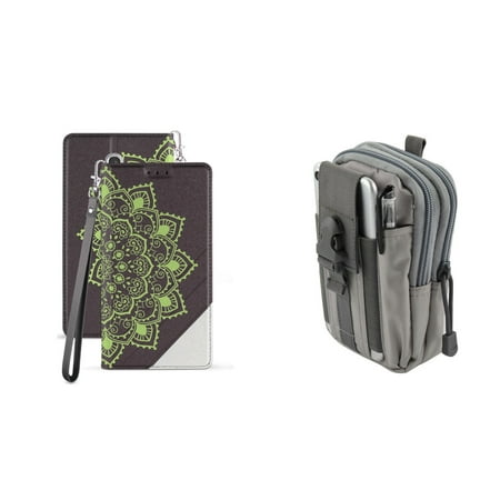 Green Travel Wallet BC Synthetic PU Leather Magnetic Flip Cover Wallet Case (Mandala Green Lace) with Gray Tactical EDC MOLLE Waist Pouch and Atom Cloth for Samsung Galaxy J3 2018 (J337) ()