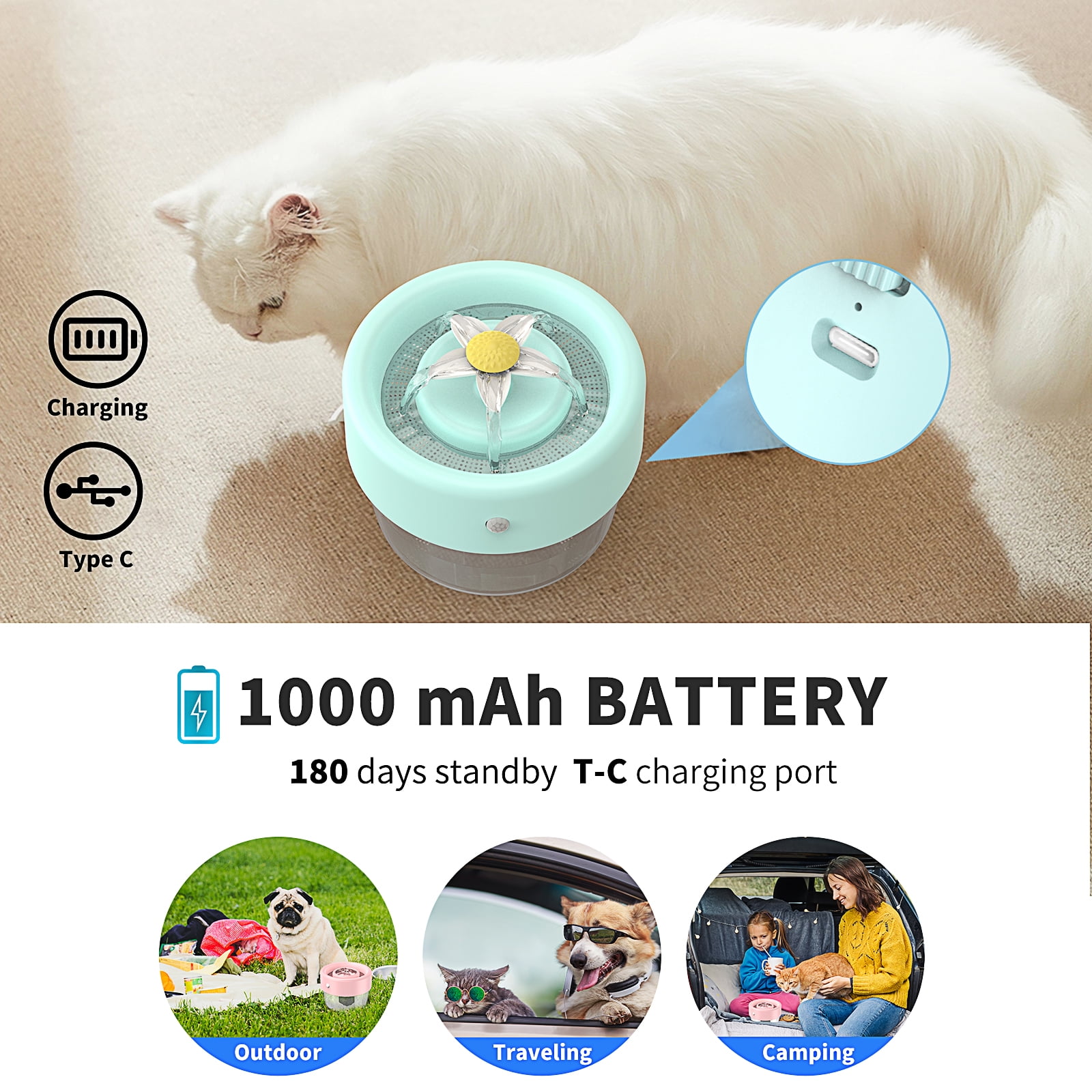 MASBRILL Cat Water Fountain, 1000mAh Battery Pet Water Fountain. Automatic Pet Drinking Fountain, Cat Fountain Blue 35 oz