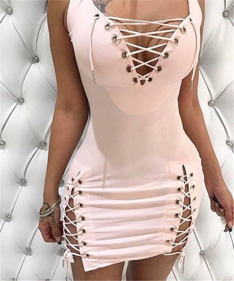 Women Sleeveless Mini Dress Slim Fit Dress Sexy Dress Deep V Neck Lace Up Dresses | Walmart Canada