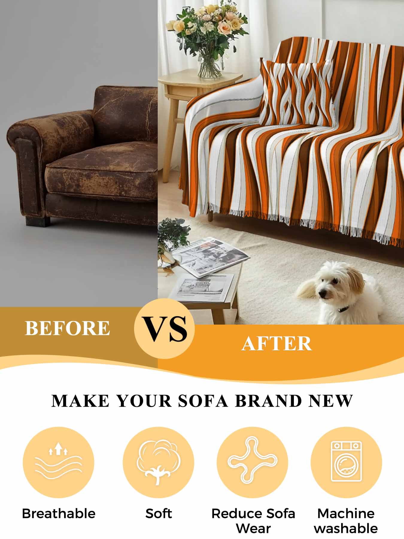 Burnt Orange White Moire Couch Cover, Modern Abstract Art Sofa Cover Blanket for 3 Cushion Couch,Sectional Sofa Slipcover Furniture Protector for Living Room Bedroom 71''x134''