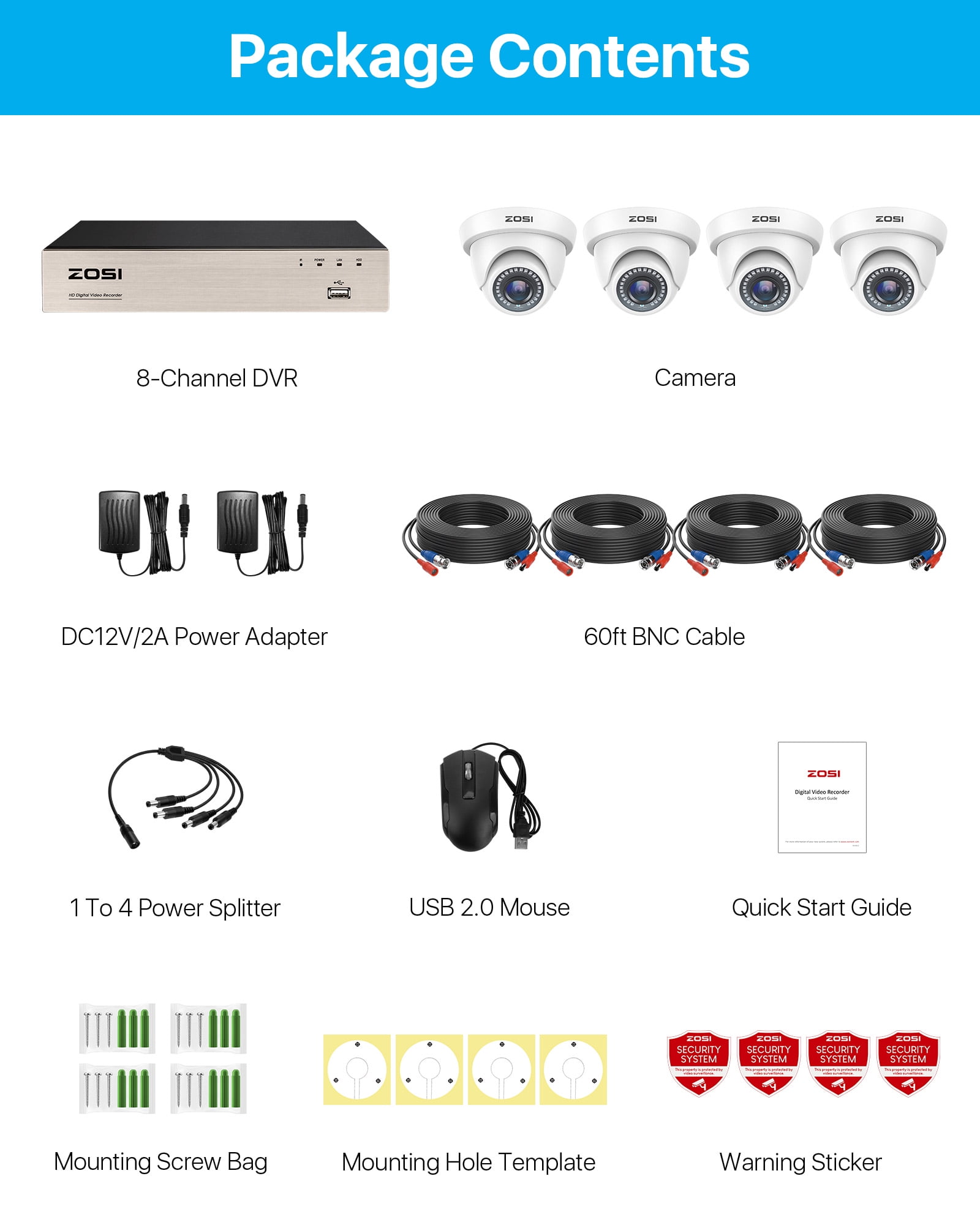 3K Lite Security Camera System, ZOSI 1080P H.265+ 8CH DVR Recorder with 4X HD 1080P Indoor Outdoor Weatherproof CCTV Security Cameras ,AI Human/Vehicle Detection, Motion Alert,Remote Access(No HDD)