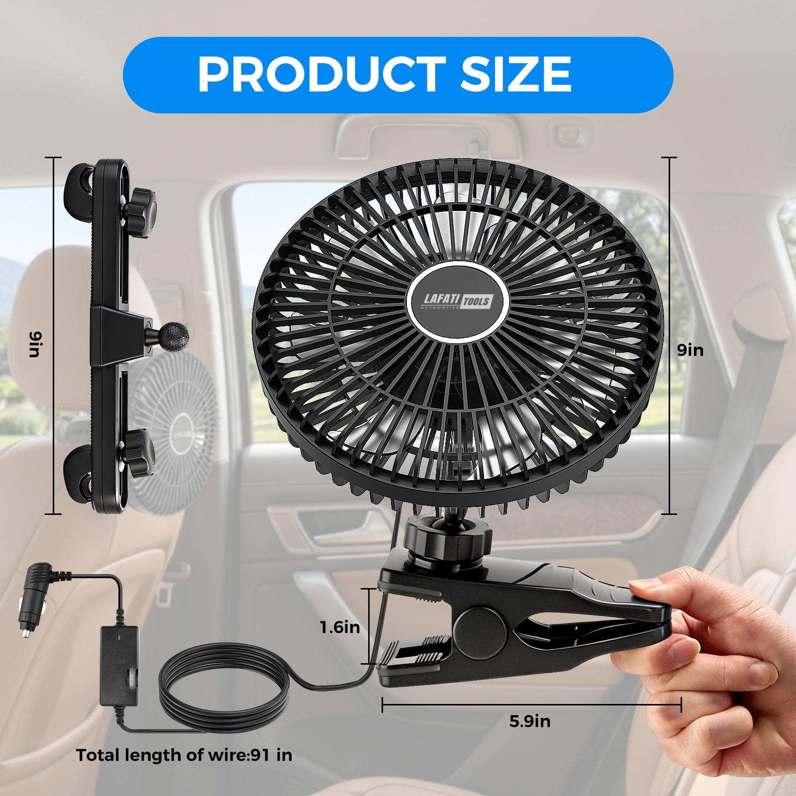 9" Portable Car Fan, Lafati 12V Electric Vehicle Fan with Stepless Speed Control and  Cigarette Lighter Plug, 3-in-1 Back seat & Clip, 360° Rotation Quiet Cooling for Car SUV RV Vehicles