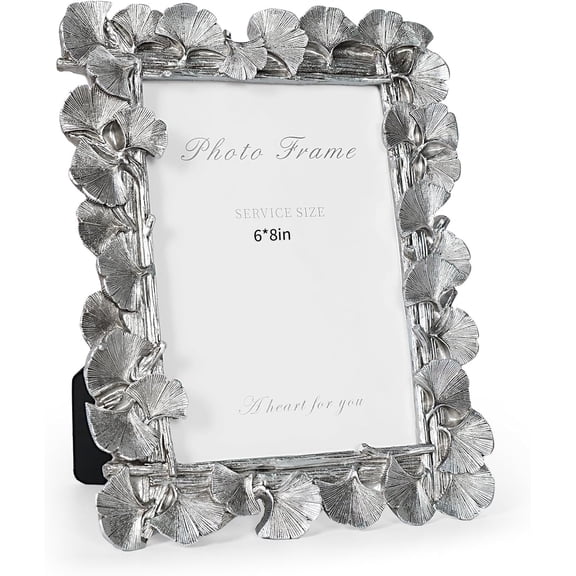 Silver Picture Frame 6x8 Vintage Silver Frames, Ornate Leaf Textured Hand-Crafted Resin with Glass Front Antique Photo Frame for Tabletop Display, Retro Design Home Decor
