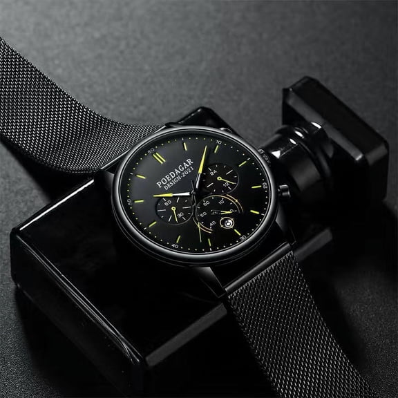 POEDAGAR Mens Watches Stainless Steel Business Wristwatch Push Button Hidden Clasp with Date Waterproof Luminous Quartz Clock