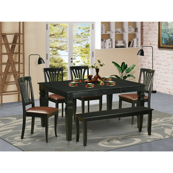East West Furniture 6 Piece Dining Table Set- a Rectangle Wooden Table and 4 Faux Leather Chairs with a Bench, 42x60 Inch, Black