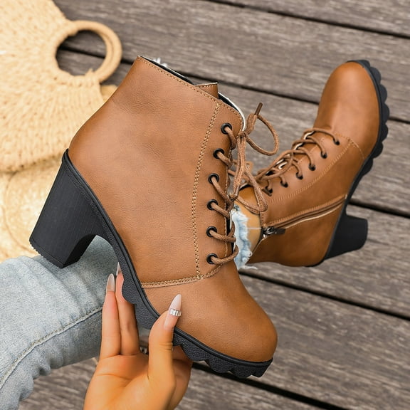Bnwani Women Boots Ankle Fall Winter Mid-Heel Thick Chunky Versatile Comfortable Leather Boot Brown Size 5.5