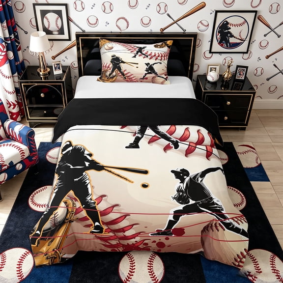 Castle Fairy Sport Baseball Twin Duvet Cover, Ball Gamer Twin Bedding, Black White,Black Reversible,2pcs,1 Duvet Cover and 1 Pillowcase