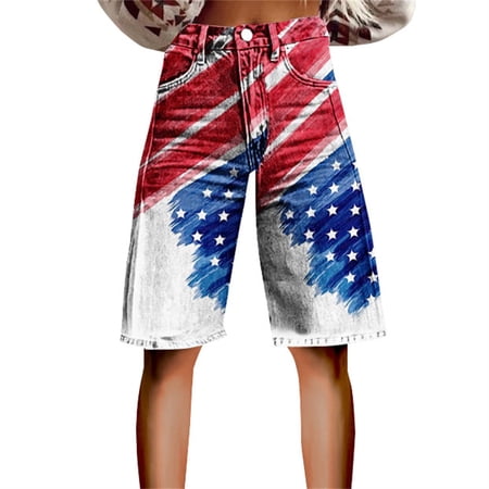 HEILAU Independence Day Denim Bermuda Shorts for Women Plus Size Patriotic American Flag High Waisted Summer Knee Length Jean Shorts with Pockets
