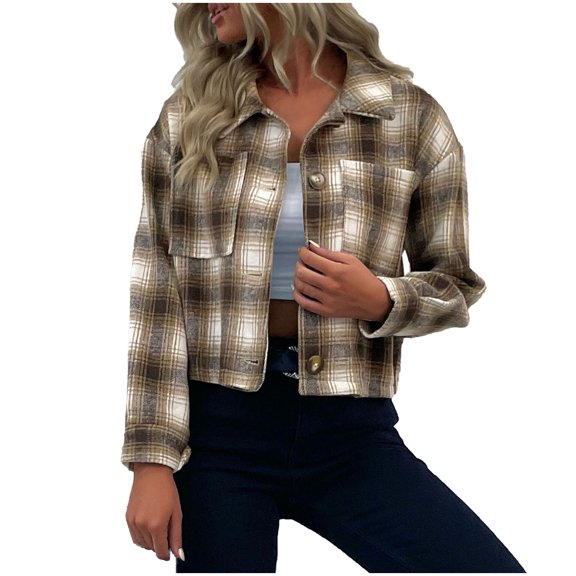 Tuphregyow Women Flannel Shacket Jacket Plaid Print Chest Pocketed Shirts Loose Jacket Coats Trendy Cardigan Boyfriend Lapel Long Sleeve Button Down Khaki XL