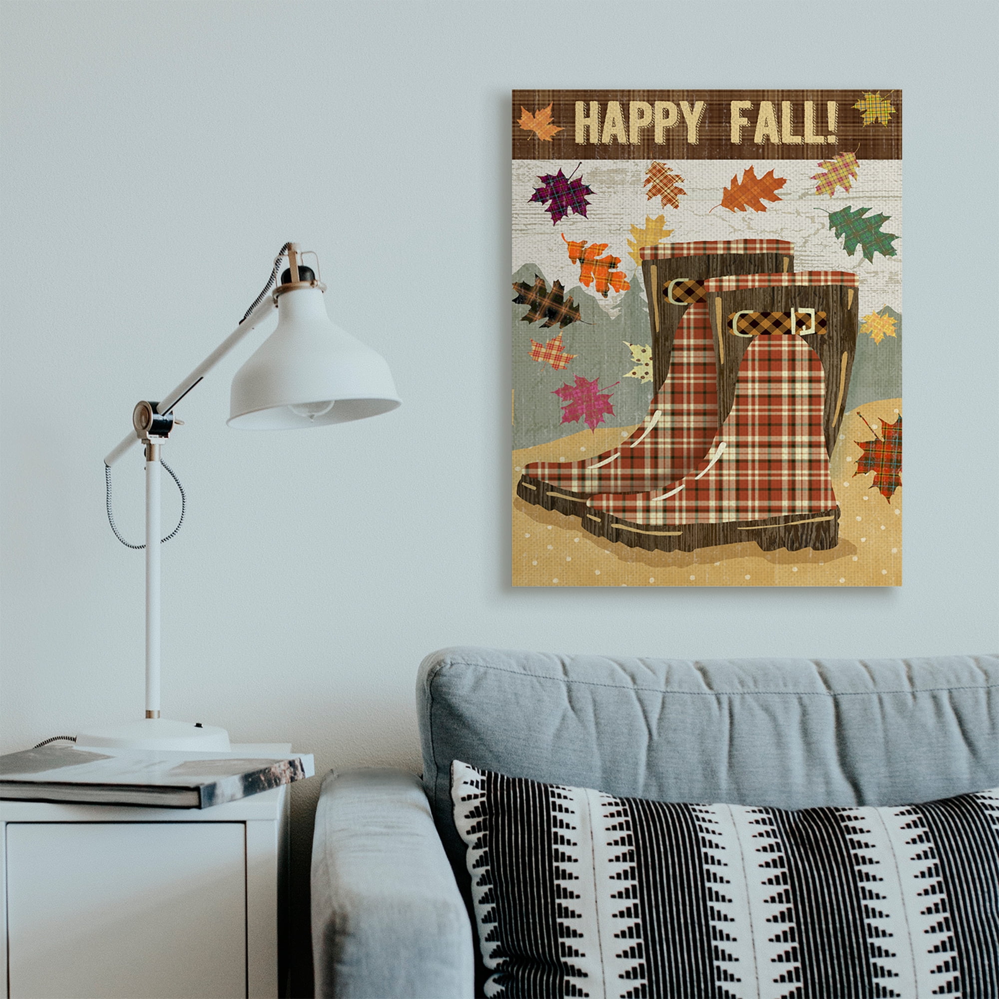 Stupell Industries Happy Fall Phrase Plaid Boots and Foliage Landscape Painting Gallery Wrapped Canvas Art Print Wall Art, 30 x 40