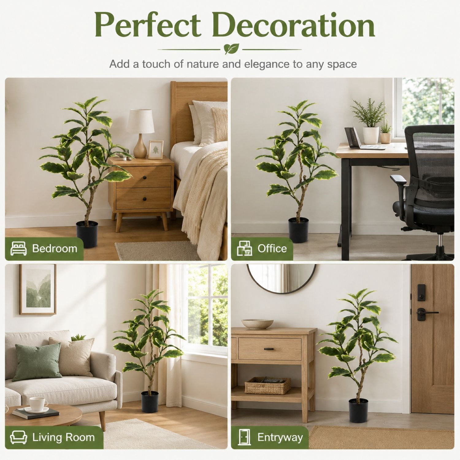 Easy4Home 3FT Artificial Variegated Rubber Plant Faux Ficus Elastica Tineke Tree Potted Indoor Floor Plant - Ready to Display
