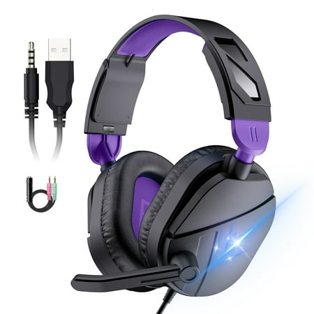 Gaming Headsets with Noise Cancelling Microphone, Xbox One & PS5 PS4 Headphones, High-Quality Stereo Sound, LED Light, Soft Memory Earmuffs for Ultimate Comfort, Wired Over-Ear Headset for PC, Laptop