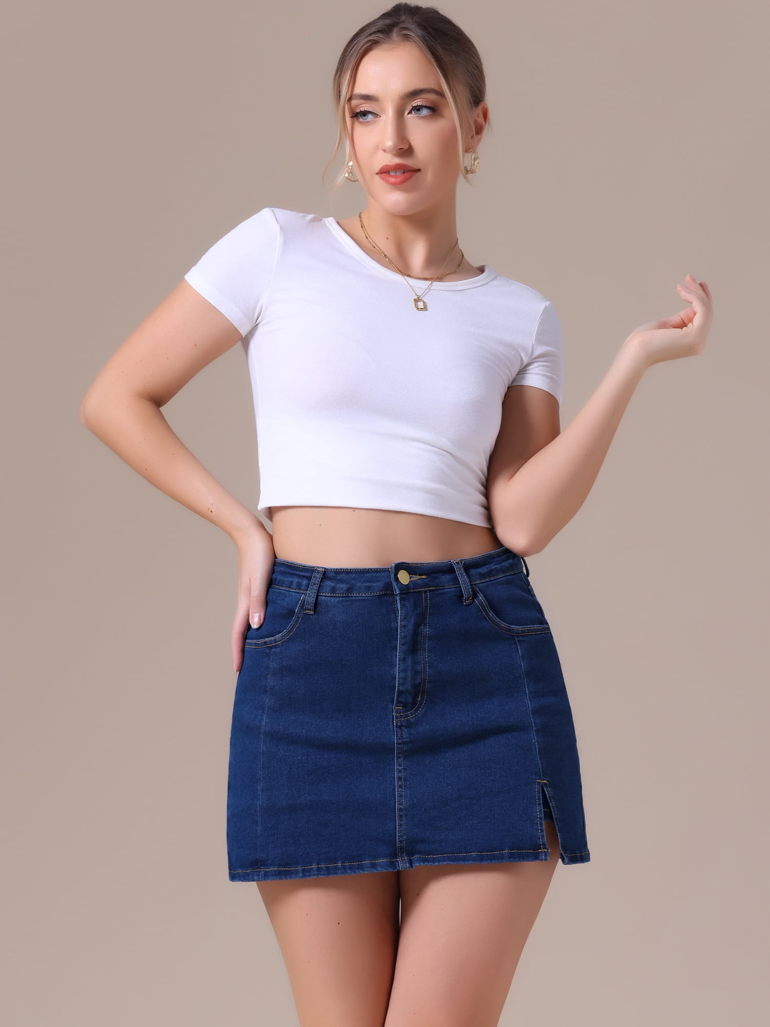 DARING DIVA Women's High Waisted A Line Stretchy Side Slit Mini Denim Skirt L Dark Blue