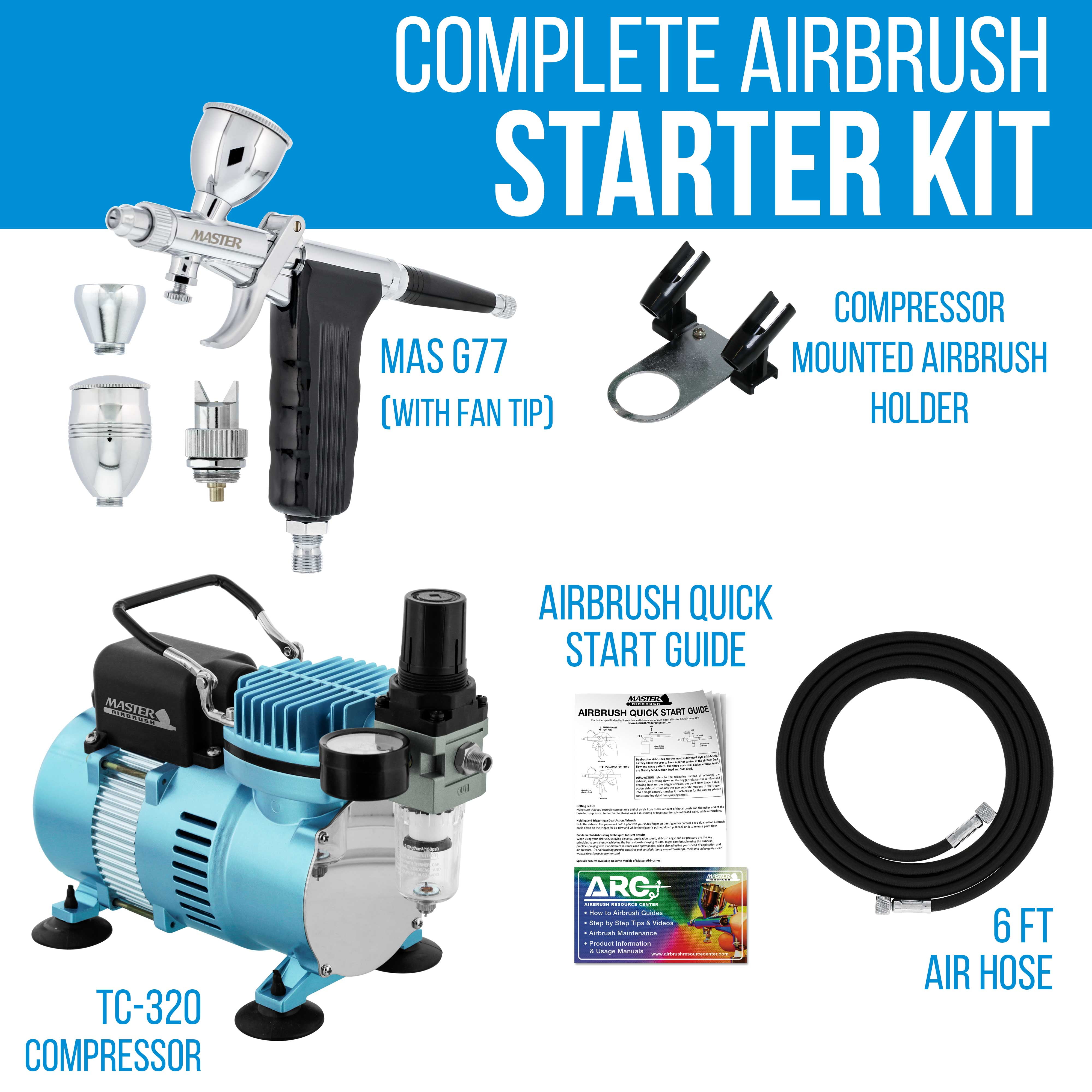 Master Airbrush Model G77 Spray Gun Fan Head, Round Pattern Head Pistol Trigger Airbrush Kit with Cool Runner II Dual Fan Air Compressor, 2 Nozzle Sets (0.3 & 0.5mm), 3 Cup Sizes, Hose
