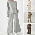 thumbnail image 2 of 2 Pcs/Set Women Top Pants Suit Round Neck Long Sleeves Textured Solid Color Sweatshirt Elastic Waist Wide Leg Trousers Daily Wear Sport Outfit Fall Spring Tracksuit, 2 of 7