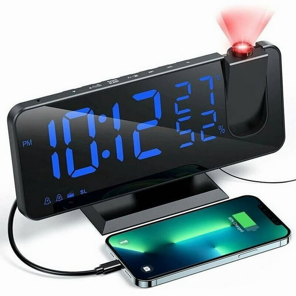 Projector Alarm Clock with Radio, Digital Clock, USB Alarm Clock Radio with Dual Alarm and 7 LED Mirror Screen (Blue Word)