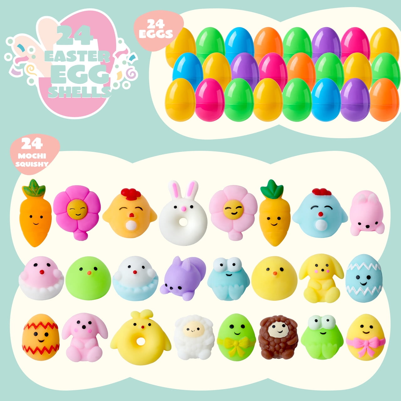 Joyfy 24 Pack Prefilled Easter Eggs with Toys,Mochi Squishy Small Toys for Easter Eggs,Stuffed Easter Baskets for Toddler Kids