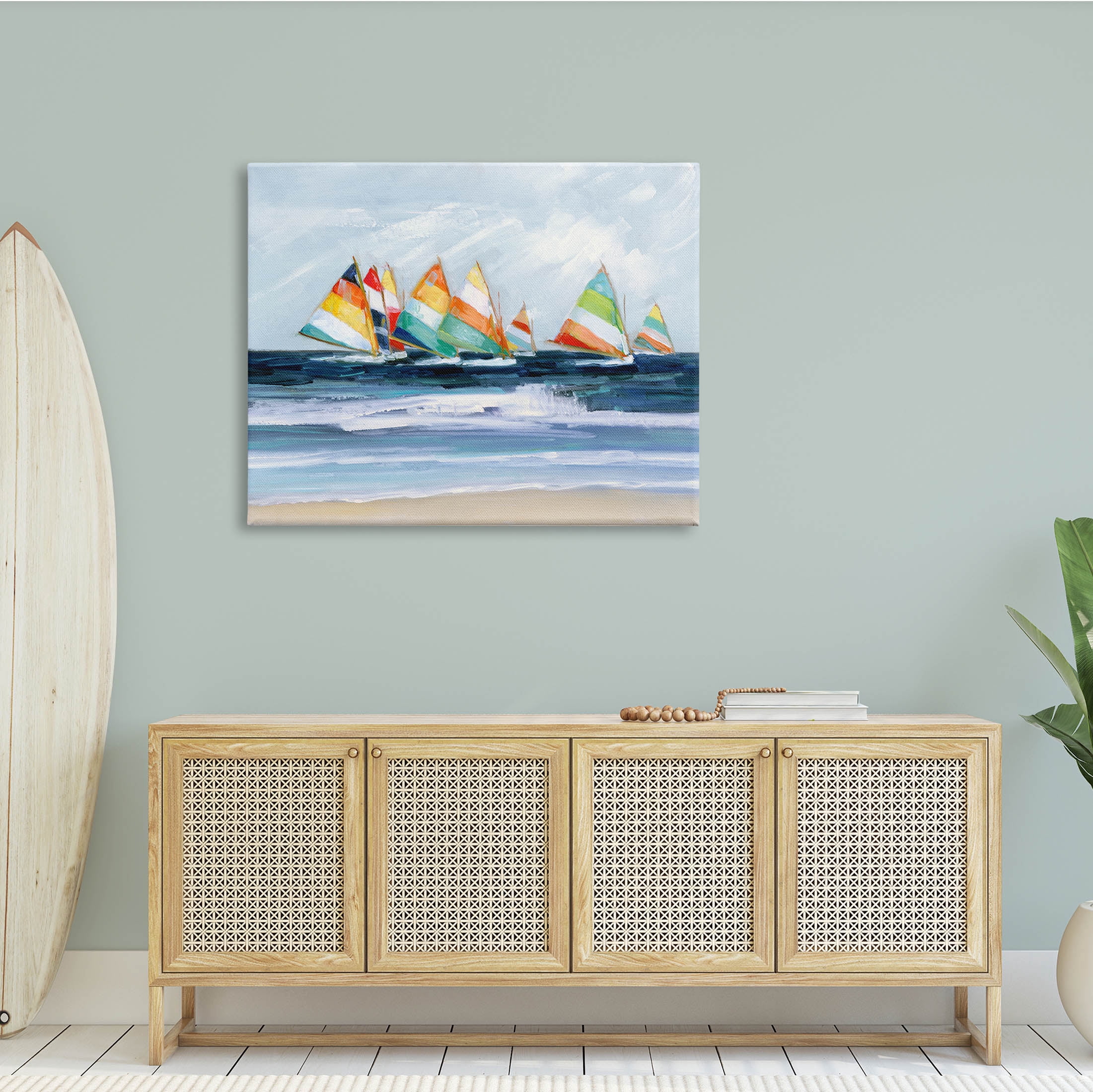 Stupell Industries Shoreline Sailboat Race Striped Sails Coastal Painting, 48 x 36, Design by Sally Swatland