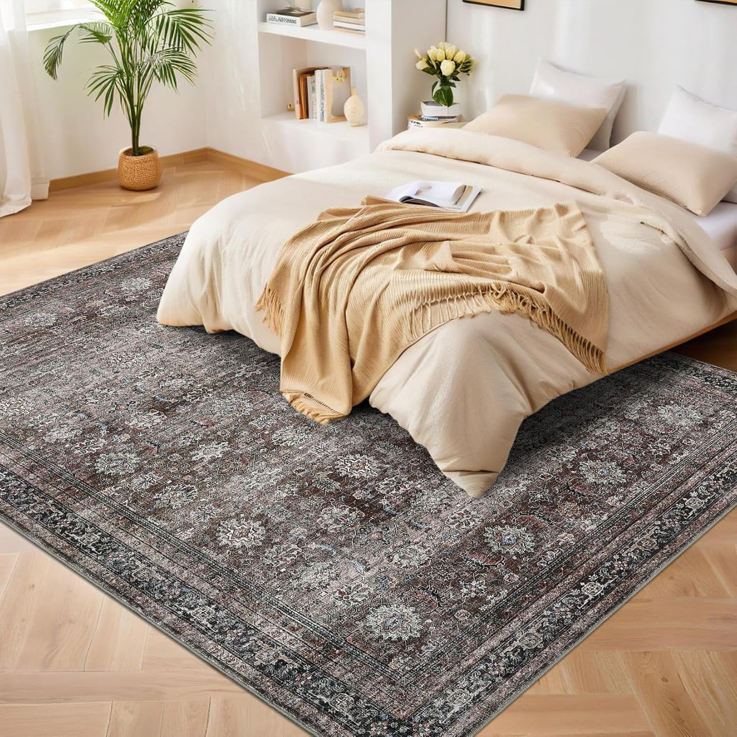 Living Room Rugs 10x13 Large Vintage Printed Area Rugs with Non-Slip Backing, Stain-Resistant Oriental Accent Rugs, Washable Farmhouse Low Pile Rugs for Bedroom, Office, Brown