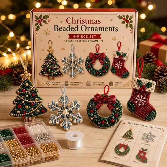 MInHoues DIY Christmas Beaded Ornaments Kit, 4 Pcs Xmas Hanging Decor Making Set, Beginner‑Friendly Hand‑Craft Supplies for Holiday Tree Decoration & Festive Gift