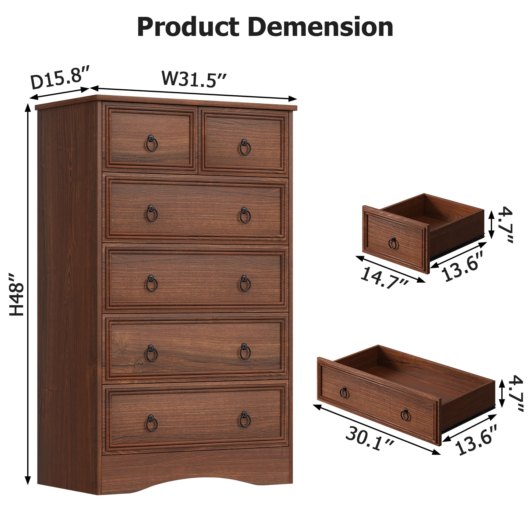 Frmobepts 6 Drawer Dresser, Tall Wood Chest of Drawers Dressers for Bedroom, Living Room, Cherry