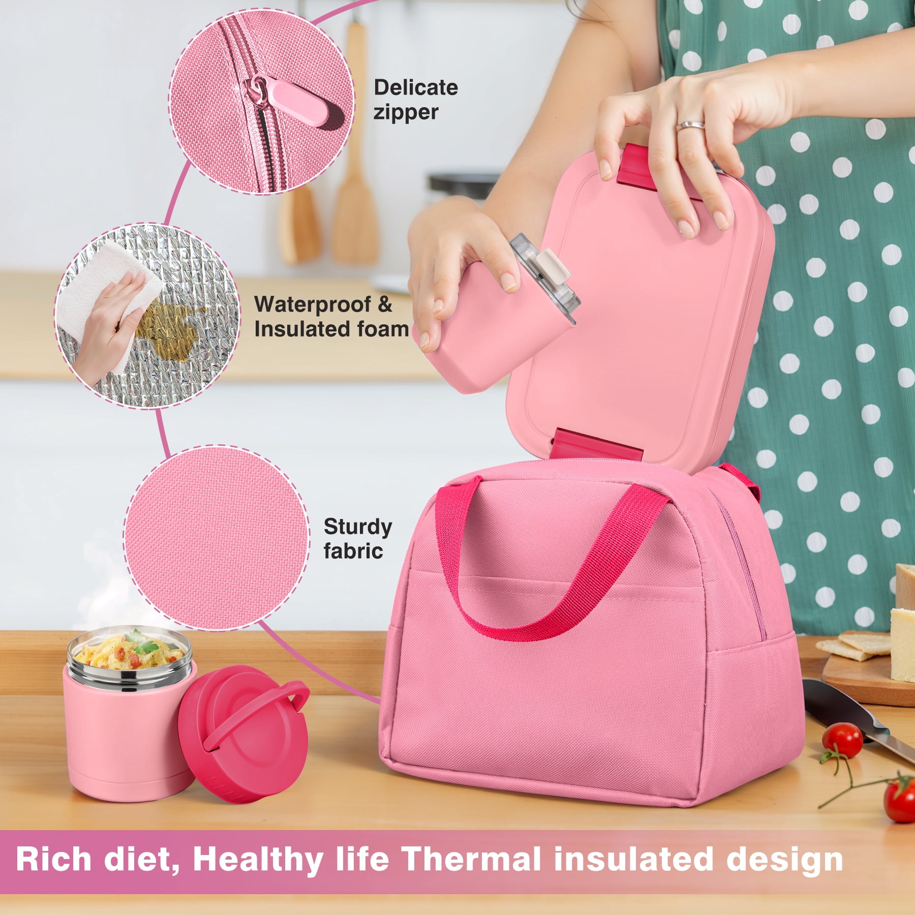 Bento Lunch Box Set with 10.5oz Soup Thermo for Adults Kids, Leak-proof Food Jar Lunch Container with 4 Compartment, Stainless Steel Coffee Tumbler with Lunch Bag for School Travel Office Pink