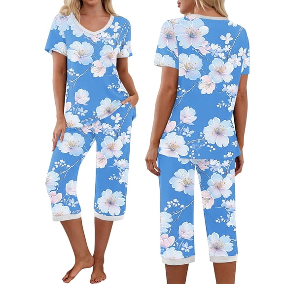 Blmnix Pjs Sets for Women Summer Pajamas Sleepwear Sets 2 Piece Sleepwear Short Sleeve Straight-Leg V-Neck 7/8th Womens Pajama Pants,M