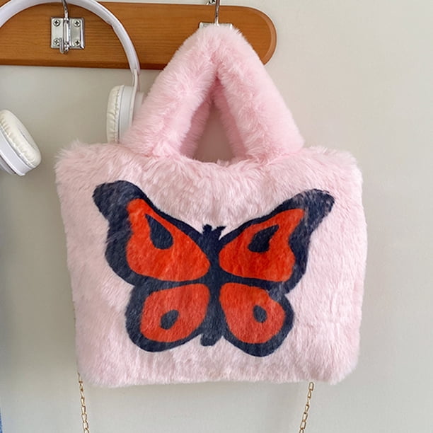 Bolso de hombro con cadena para mujer con asa, bolso de mano de invierno con mariposa y cerrojo de felpa
