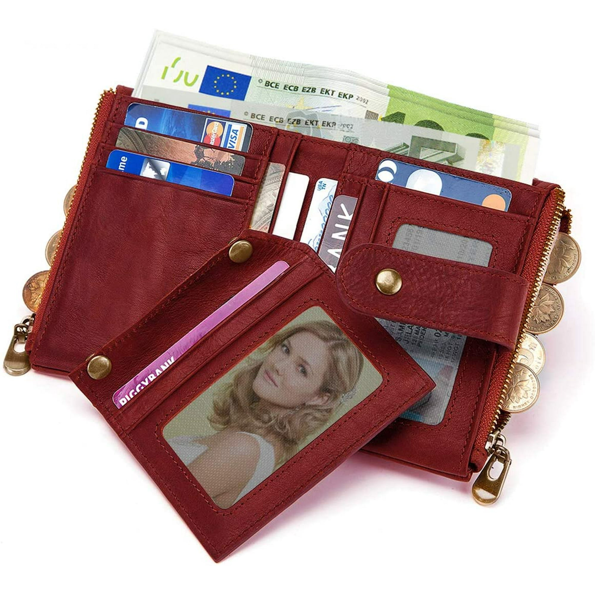 Compagnon Portefeuille Femmes en Cuir Veritable RFID Blocage Porte Monnaie Femmes Fermeture Eclair 16 Fentes pour Cartes Porte Cartes Petit