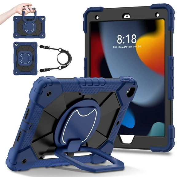 SaniMore Case foriPad 10.2 inch 9th/8th/7th Generation (2021/2020/2019), Shockproof Bumper Shoulder Strap 360° Rotating Handle Bracket Pencil Holder Tri-layer Hybird Anti-drop Kids Shell, Black Navy