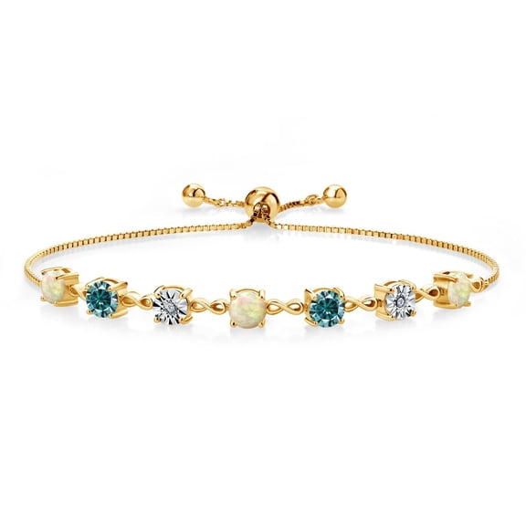 Gem Stone King 18K Yellow Gold Plated Silver Lab Grown Diamond Tennis Bracelet for Women Cabochon Ethiopian Opal Blue Moissanite (1.91 Cttw, Fully Adjustable up to 9 inch)