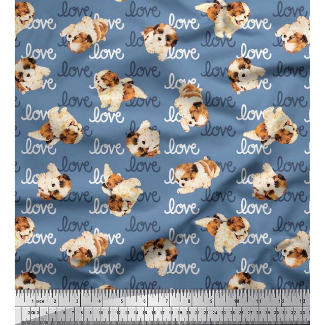 Soimoi Rayon Fabric Love Text & Puppies Dog Decor Fabric Printed Yard 42 Inch Wide