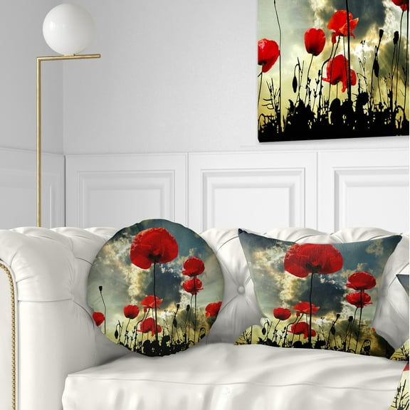 Designart Poppies on Thunderstorm Background - Floral Throw Pillow - 12x20