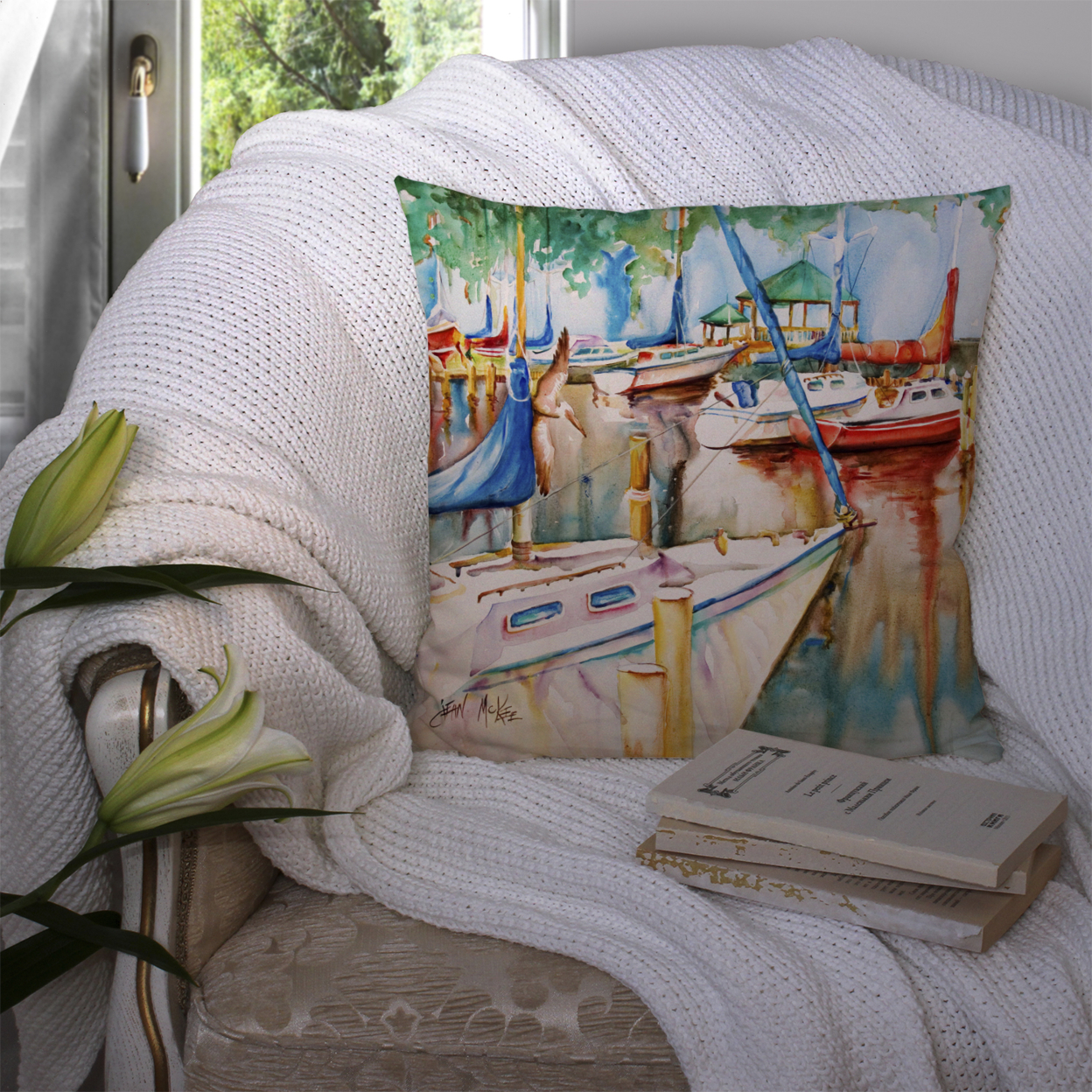 Carolines Treasures JMK1239PW1414 Gazebo and Sailboats Canvas Fabric Decorative Pillow 14Hx14W multicolor
