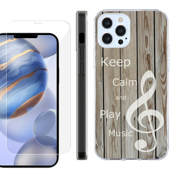 Slim Fit Protective Phone Case for Apple iPhone 12 / iPhone 12 Pro, with Tempered Glass Screen Protector, by OneToughShield ® - Wood/Music