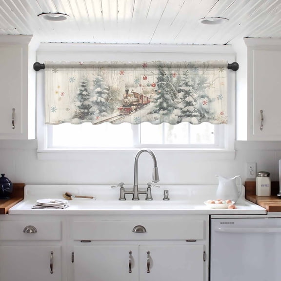 Christmas Valance Curtains for Kitchen/Living Room/Bathroom/Bedroom Window, Train Xmas Tree Snowflake Balls Rod Pocket Small Topper Half Short Window Curtains Voile Sheer Scarf 42"x18"