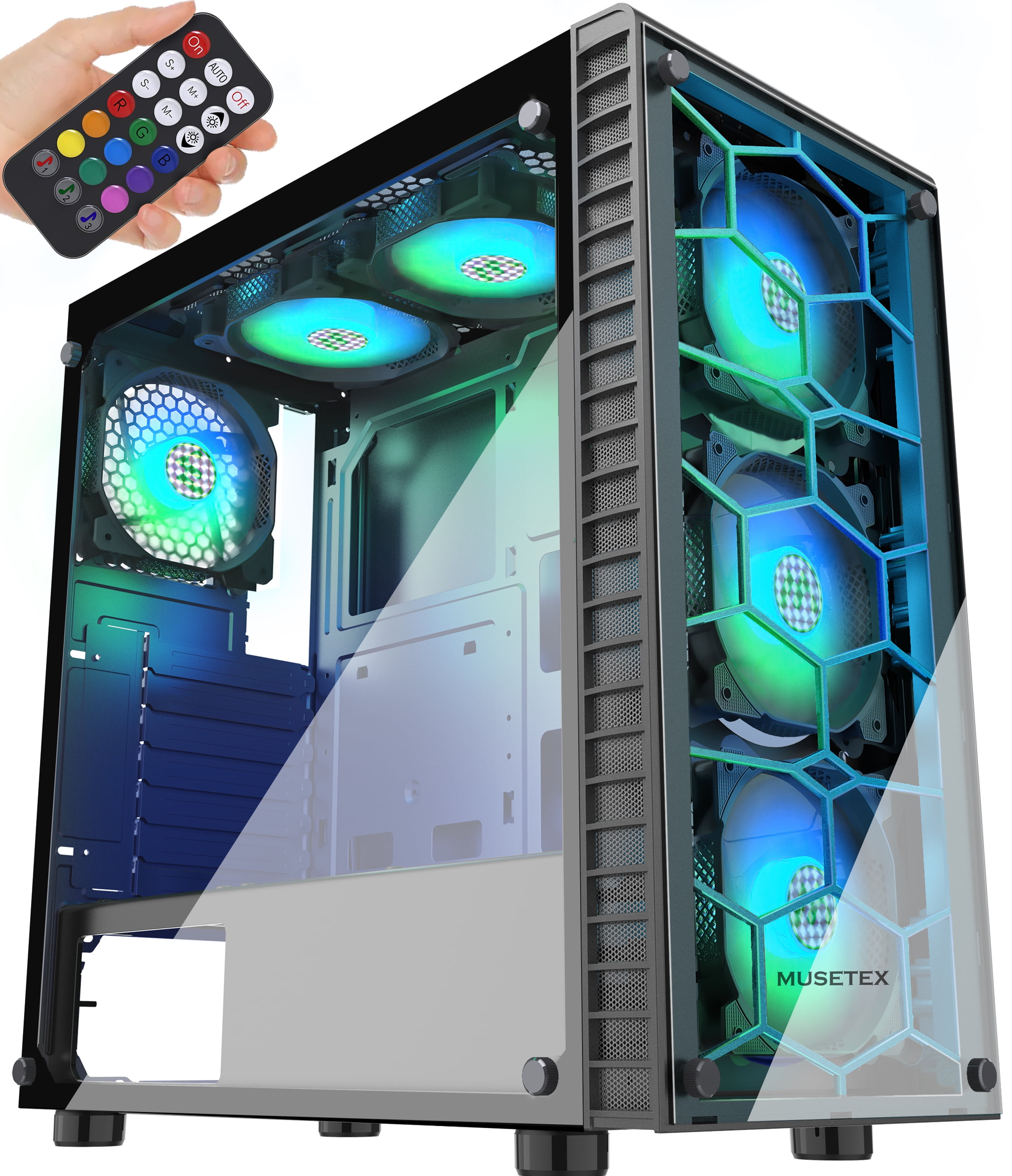 MUSETEX Phantom Black ATX Mid Tower Desktop Computer Gaming Case USB 3.0 Ports Tempered Glass Window with 120mm LED RGB Fans Pre-Installed 903MN6 