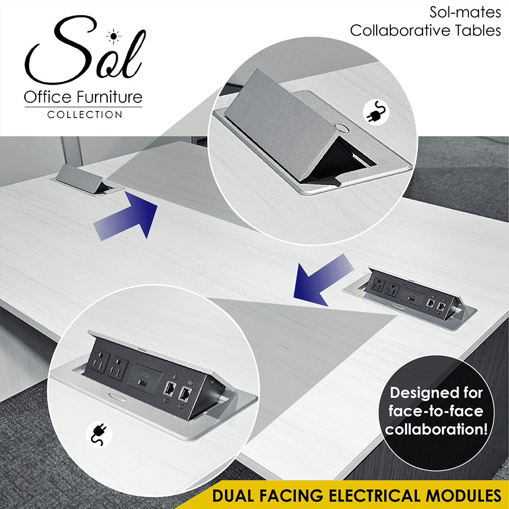 Counter Height Collaboration Table | 4 Person Face-to-Face Desk | 48 x 72 Inch Commercial Office Desk with Double Power & Data Modules - Lakeland Salt And Black